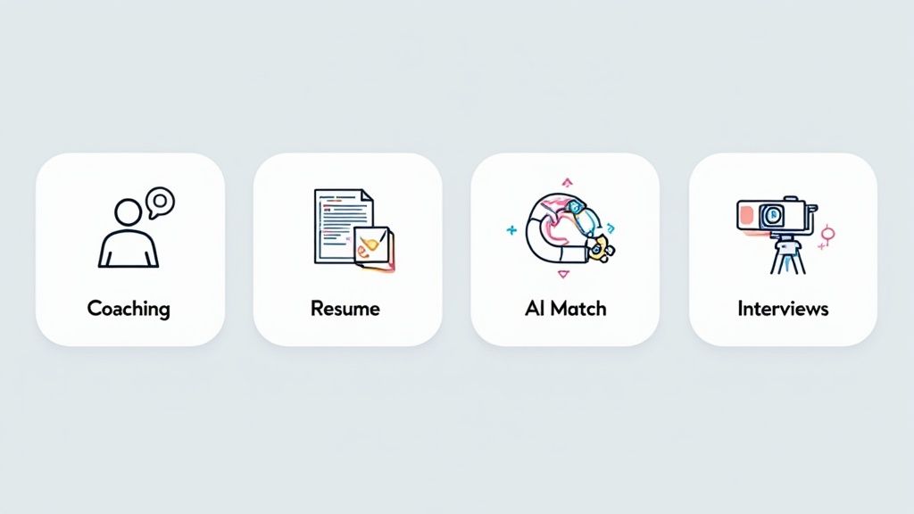 Four icons representing career services: coaching, resume building, AI job matching, and interview preparation.
