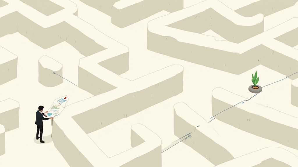 A man in a suit navigates a minimalist maze, following a path on a map towards a small plant.