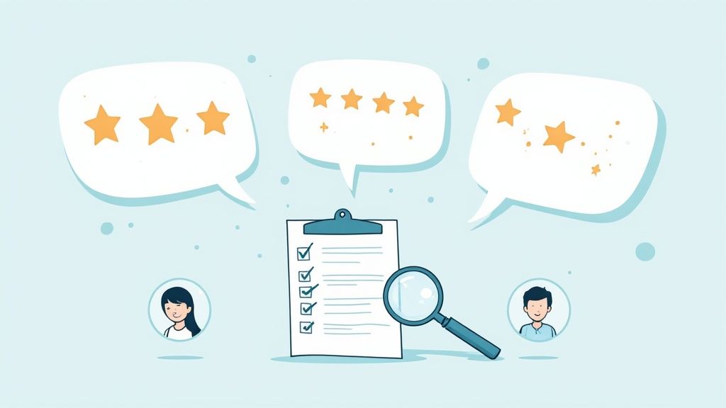 An illustration of user reviews with star ratings, a checklist, and a magnifying glass.