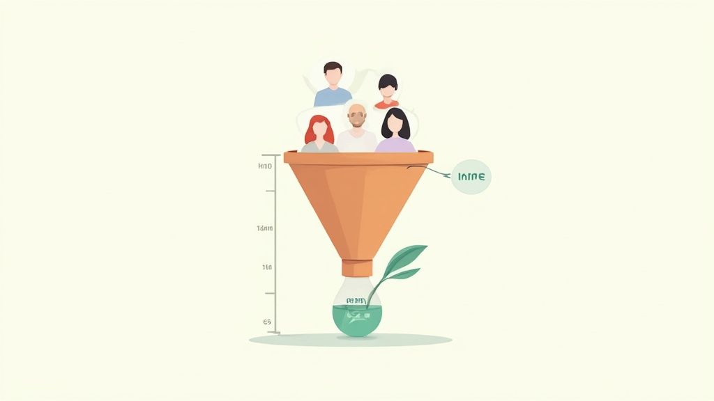 Illustration of a marketing funnel with diverse people leading to a growing plant in a lightbulb.