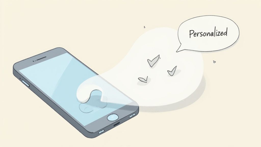 A smartphone displaying a personalized experience, with checkmarks floating around a speech bubble.