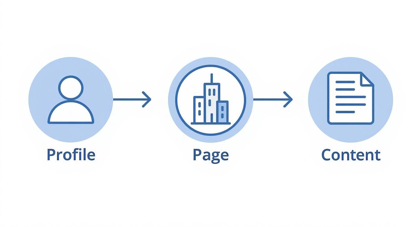 Diagram showing a sequential flow from 'Profile' to 'Page' to 'Content' with representative icons.