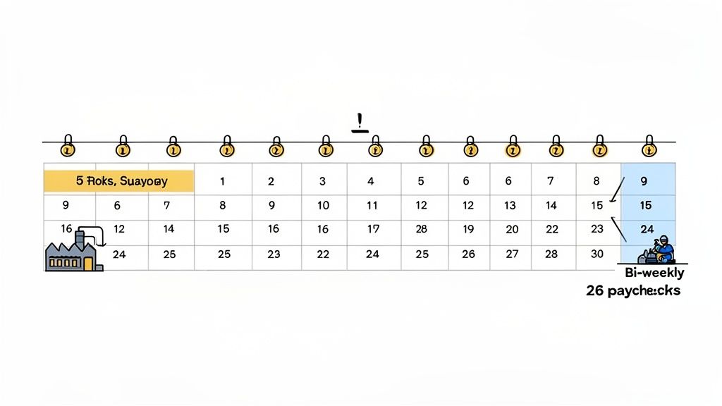 A calendar grid showing dates, payment icons, a factory, and 'Bi-weekly 26 paychecks'.