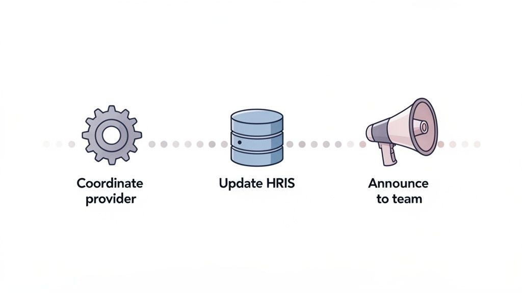 A three-step process diagram with icons: Coordinate provider, Update HRIS, and Announce to team.