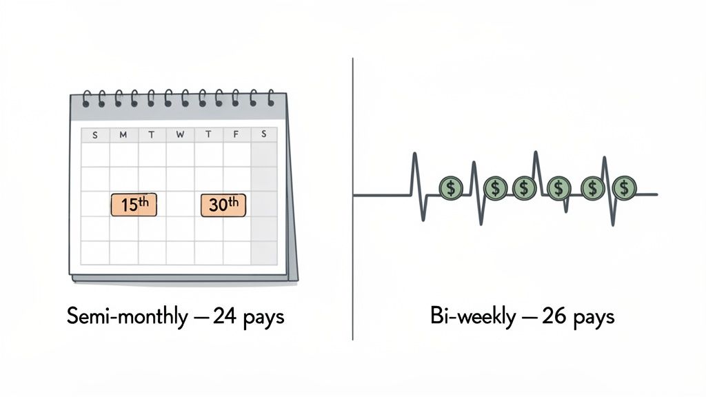 An image comparing semi-monthly (24 pays on 15th and 30th) and bi-weekly (26 pays, regular intervals) payment schedules.