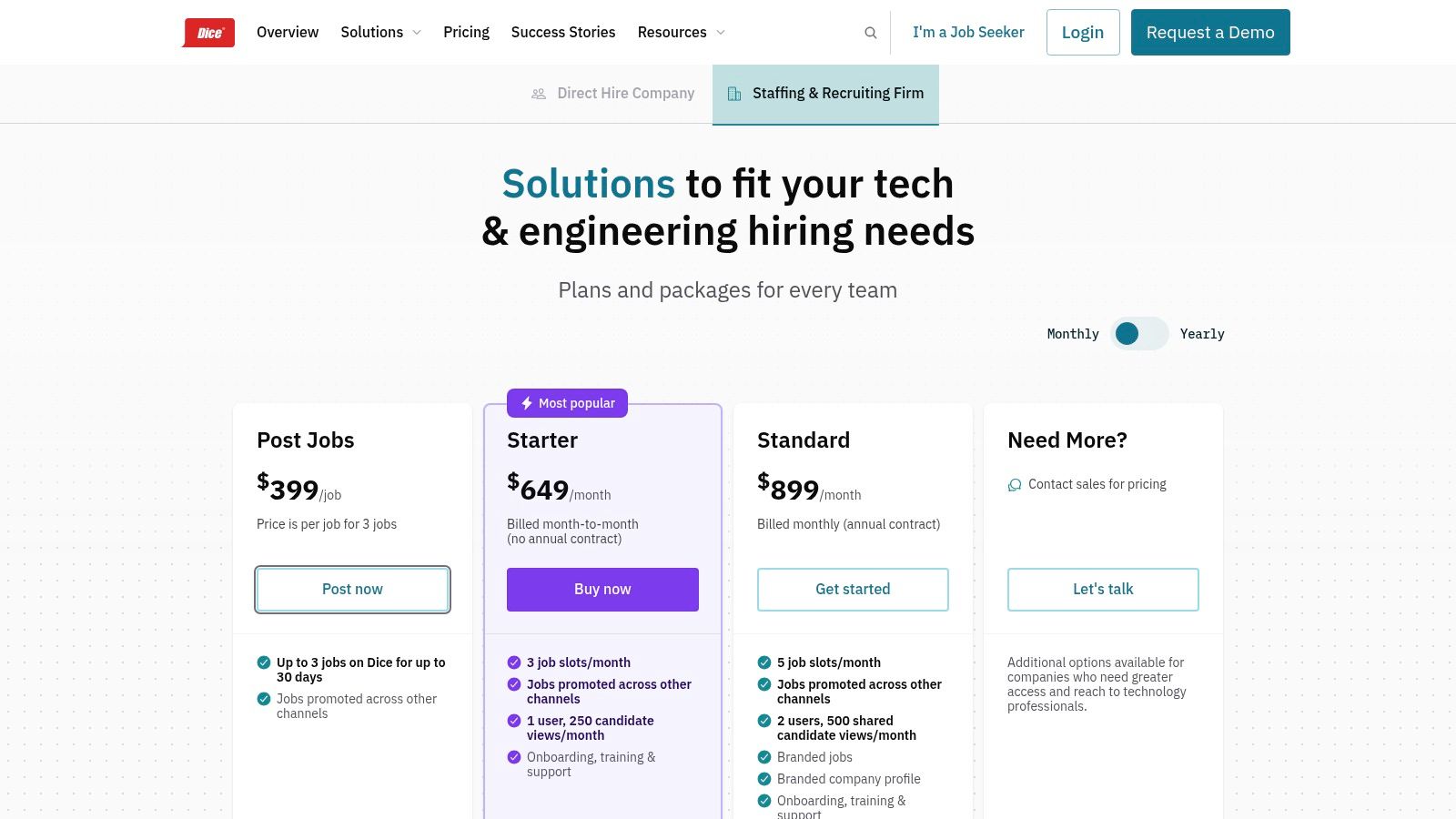 A screenshot of the Dice for Employers platform showing candidate profiles and search filters for tech roles.