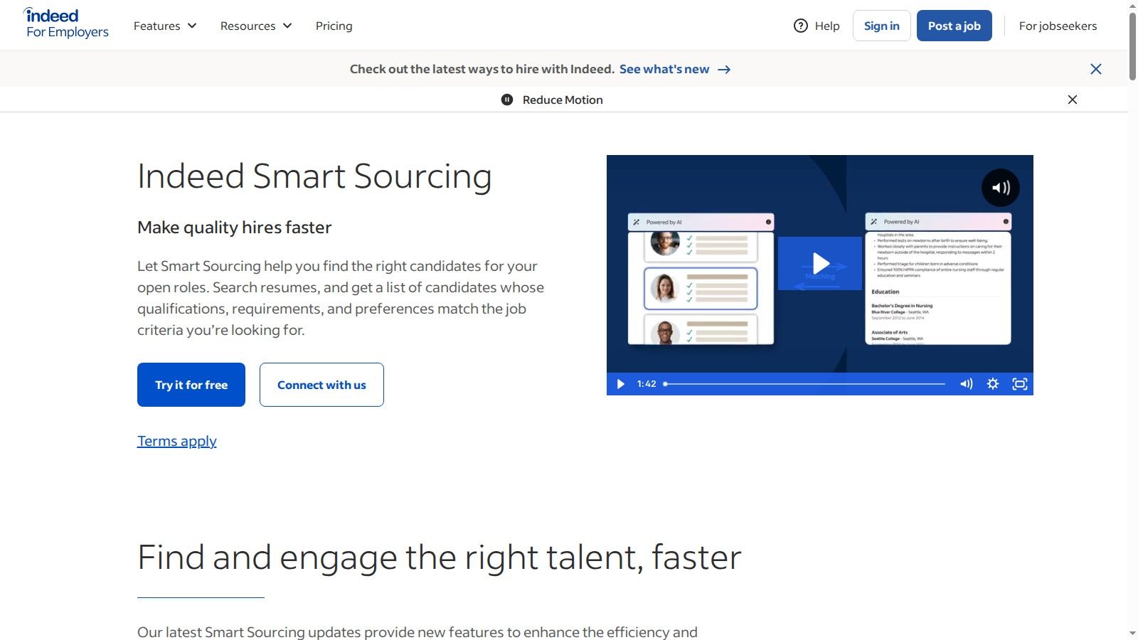 Indeed Smart Sourcing dashboard showing a list of candidates and search filters