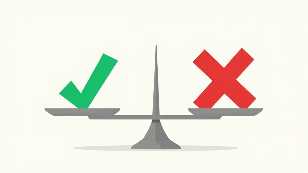 Illustration of scales balancing positive and negative user review icons for SeekOut reviews.