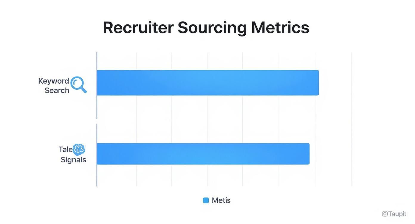 Horizontal bar chart comparing recruiter sourcing metrics between keyword search and talent signals methods