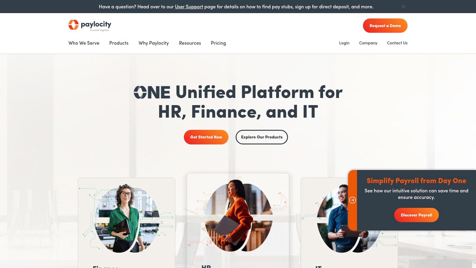 A screenshot of the Paylocity user interface displaying the employee Community dashboard with posts and announcements.