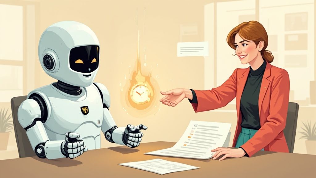 An image illustrating the intersection of AI and human touch in improving what is a candidate experience, showing a robotic hand and a human hand working together on a compass.