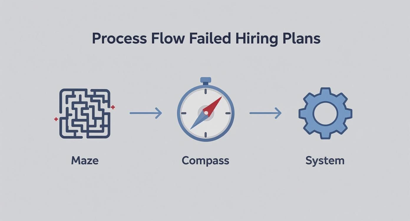 An infographic showing how a recruitment and hiring plan acts as a compass, leading from chaotic inputs to aligned, successful hires.