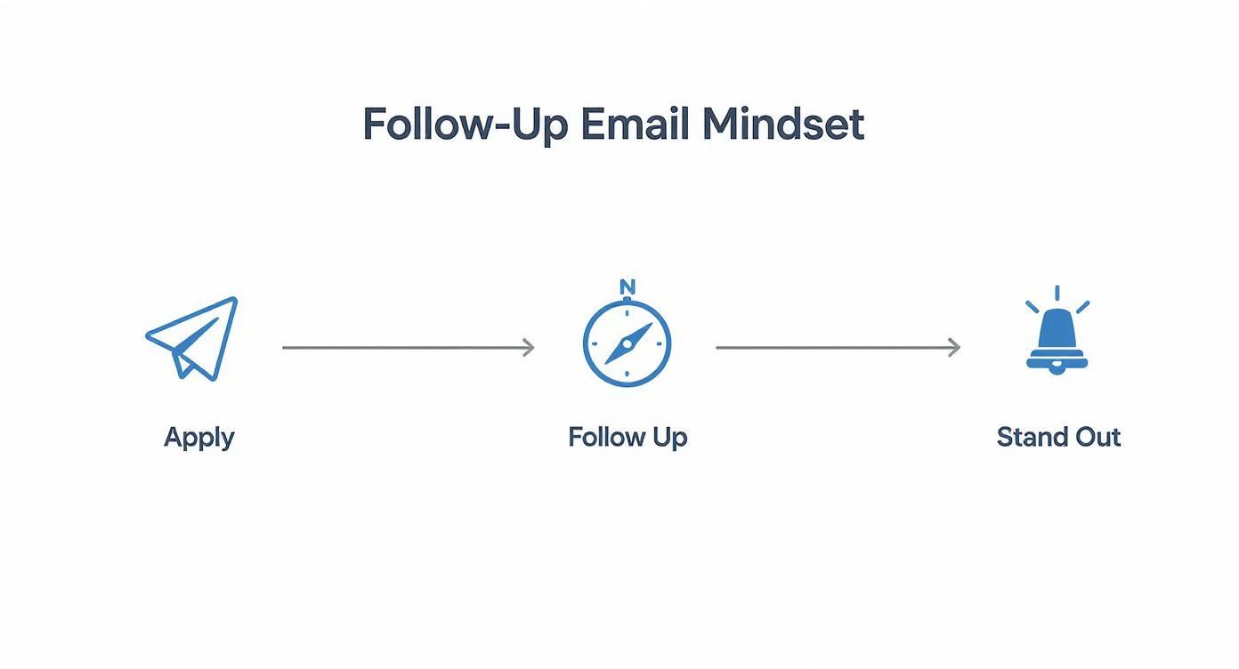 Infographic about follow up email recruiter showing a timeline from applying to following up to standing out.