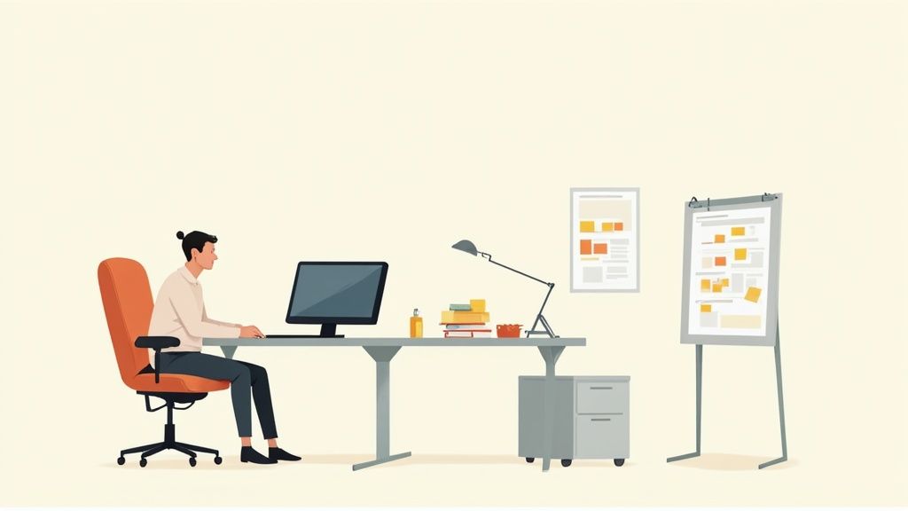 A person sitting at a desk and looking out a window, looking disengaged from their work.