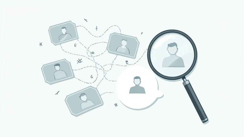 A visual representation of an AI sourcing tool's features, such as intelligent matching, candidate discovery, and contact verification, displayed on a sleek interface.