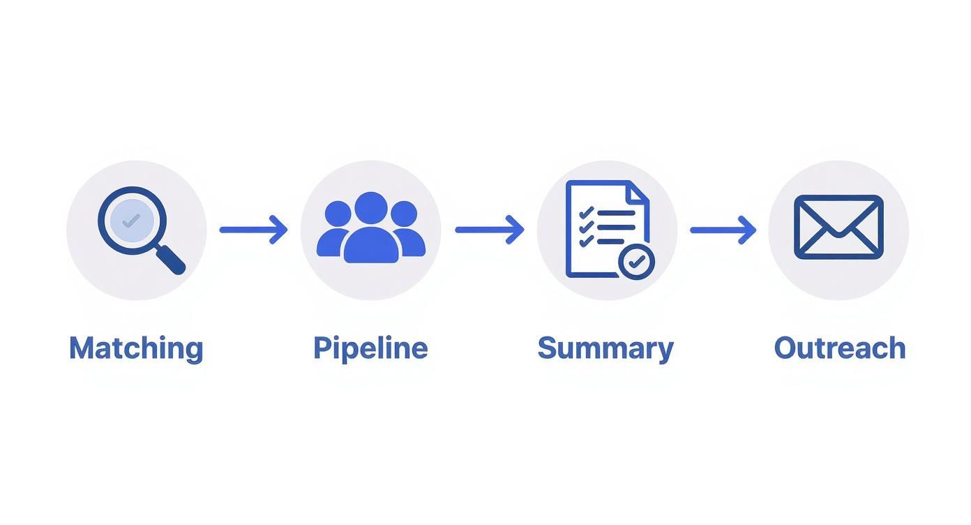 Infographic showing a 4-step process for AI sourcing: Matching, Pipeline, Summary, and Outreach, each with a corresponding icon.