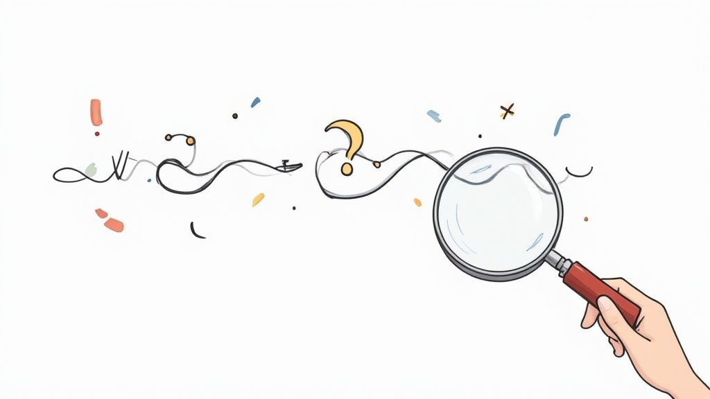 A recruiter analyzing a complex Boolean search string on a computer screen, with lines of code reflected in their glasses