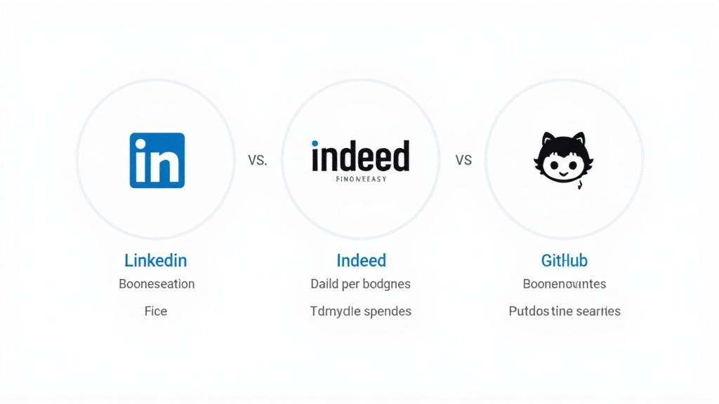 A collage of logos for different platforms like LinkedIn, Google, GitHub, and Indeed, with a Boolean string overlaid.
