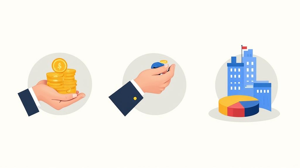 A diverse team collaborates around a table, pointing at charts and graphs.