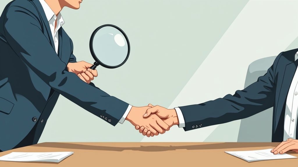 A magnifying glass focusing on a doorway, symbolizing the insights gained from an exit interview.