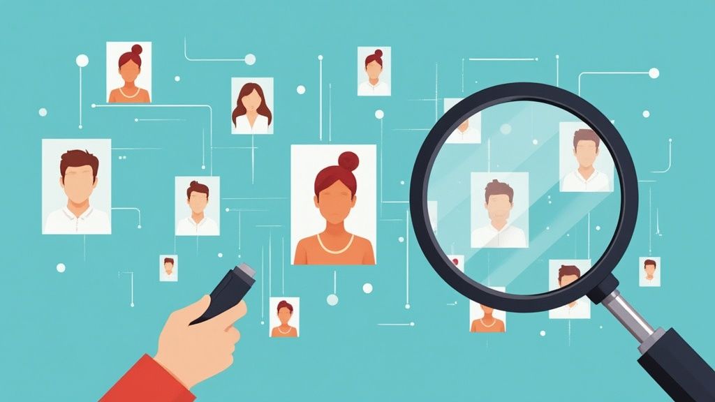 An AI interface showing connections between a job description and ideal candidate profiles, representing a precision instrument for talent mapping.