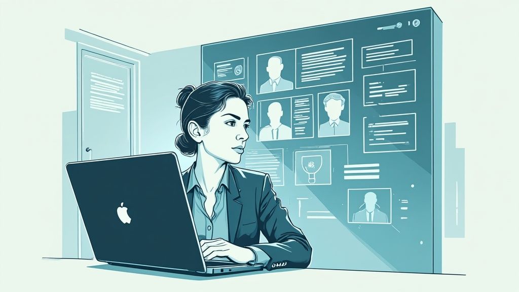 A recruiter at a command center, with AI data visualizations helping them make strategic decisions.