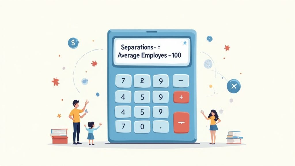 A calculator, a pen, and a chart on a desk, representing the process of calculating attrition rate.