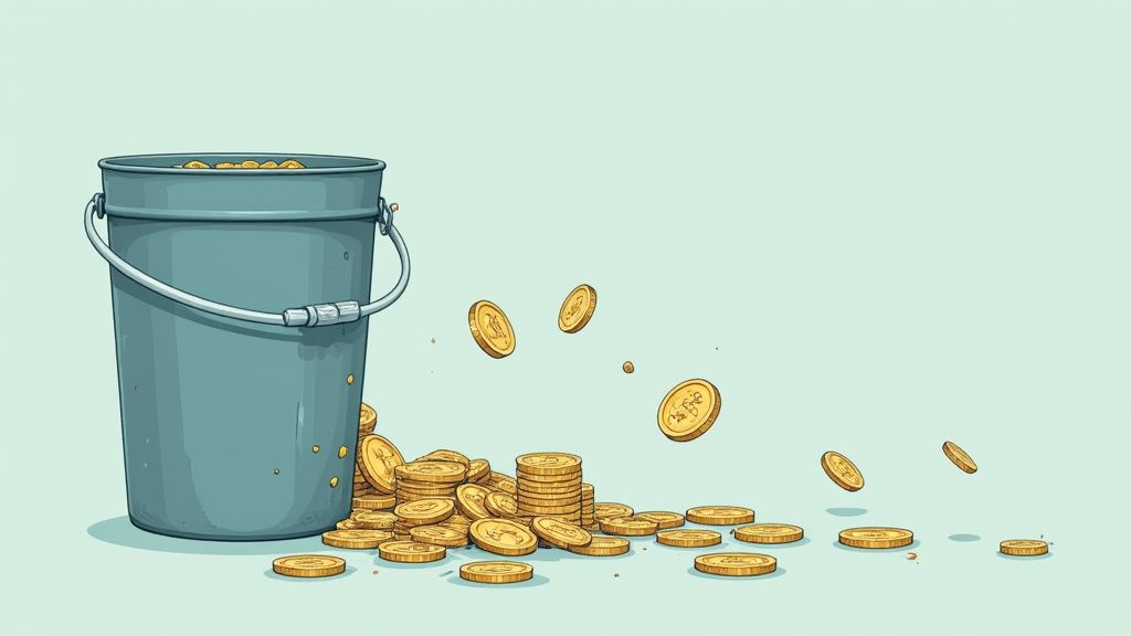 A bucket with coins leaking out, representing the hidden financial costs of employee attrition.