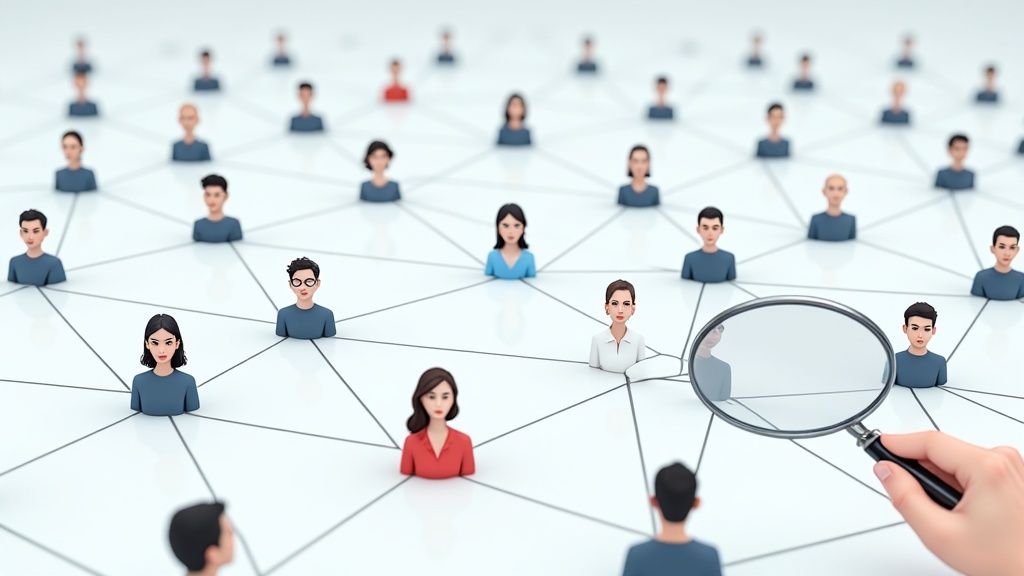 A recruiter navigating a digital network of candidate profiles, represented by interconnected glowing nodes, using a tablet.