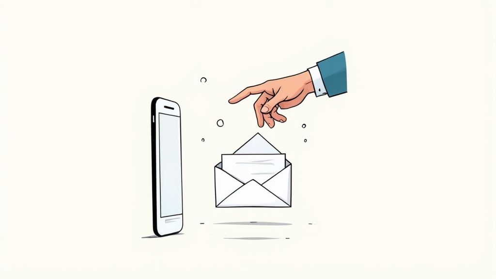 An illustration of a person shaking hands with a digital avatar, symbolizing a successful job offer.