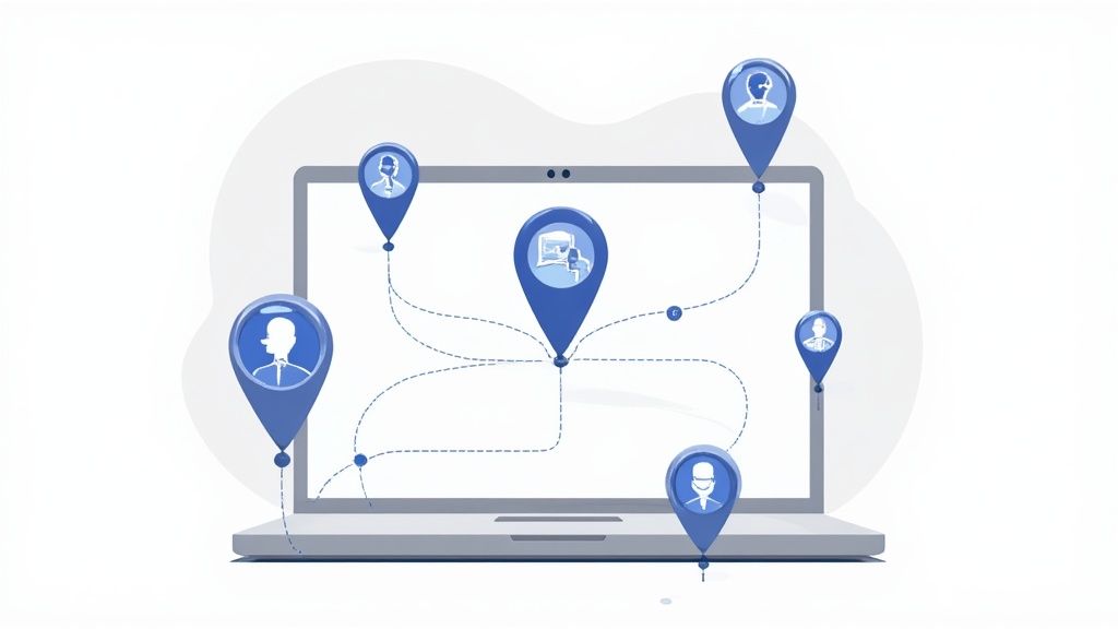 Illustration of a digital bridge connecting a person at home to an office building, symbolizing a remote work offer.