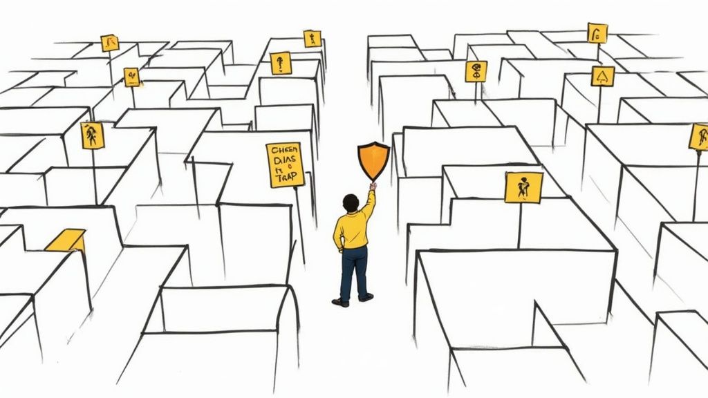 A conceptual illustration of a maze with potential pitfalls, representing the ethical challenges of the ai in recruitment process.