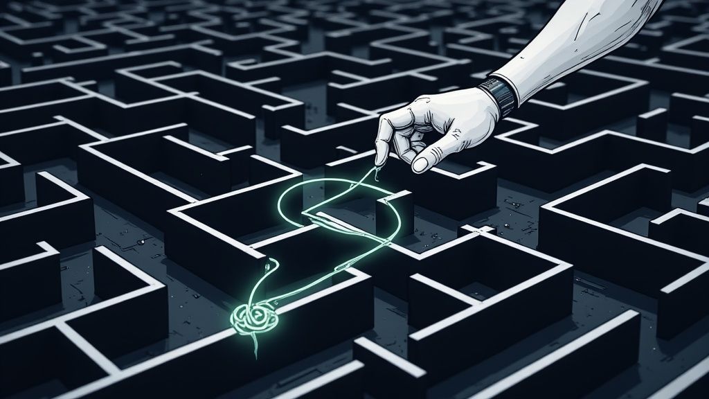 A conceptual illustration of a recruiter navigating a complex maze, representing the challenges of the ai in recruitment process.