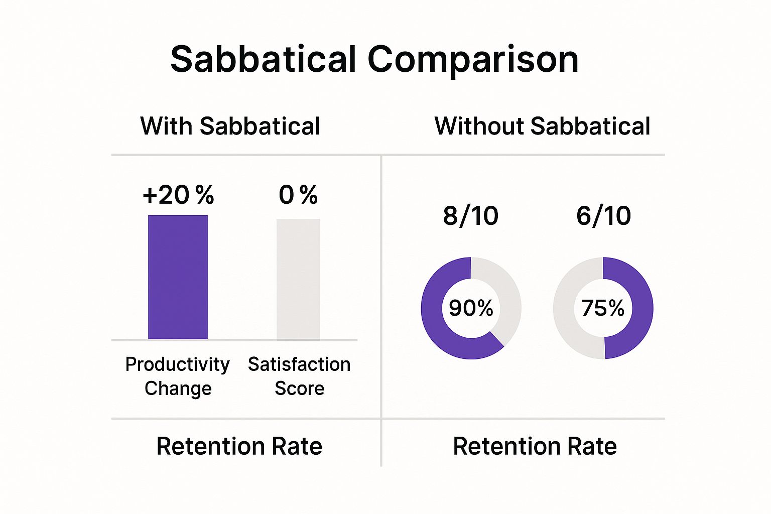 Infographic comparing companies with and without sabbatical leave, showing higher productivity, satisfaction, and retention for those with a program.