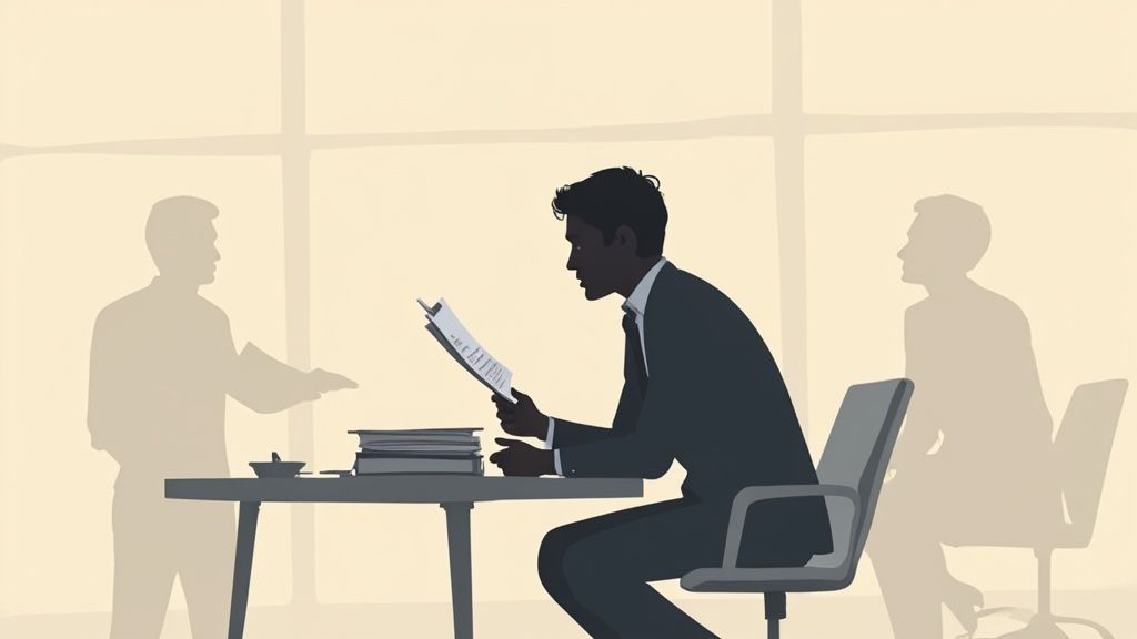 A hiring manager reviewing candidate profiles, representing the architect of a team.