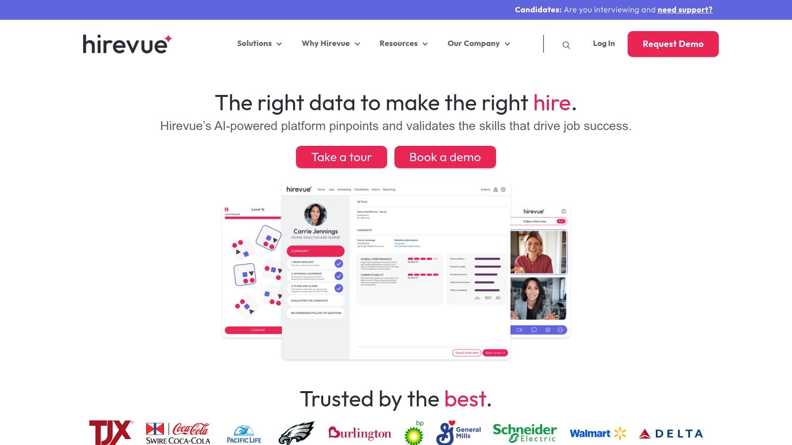 A recruiter reviewing a candidate's video interview and assessment results on the HireVue platform.