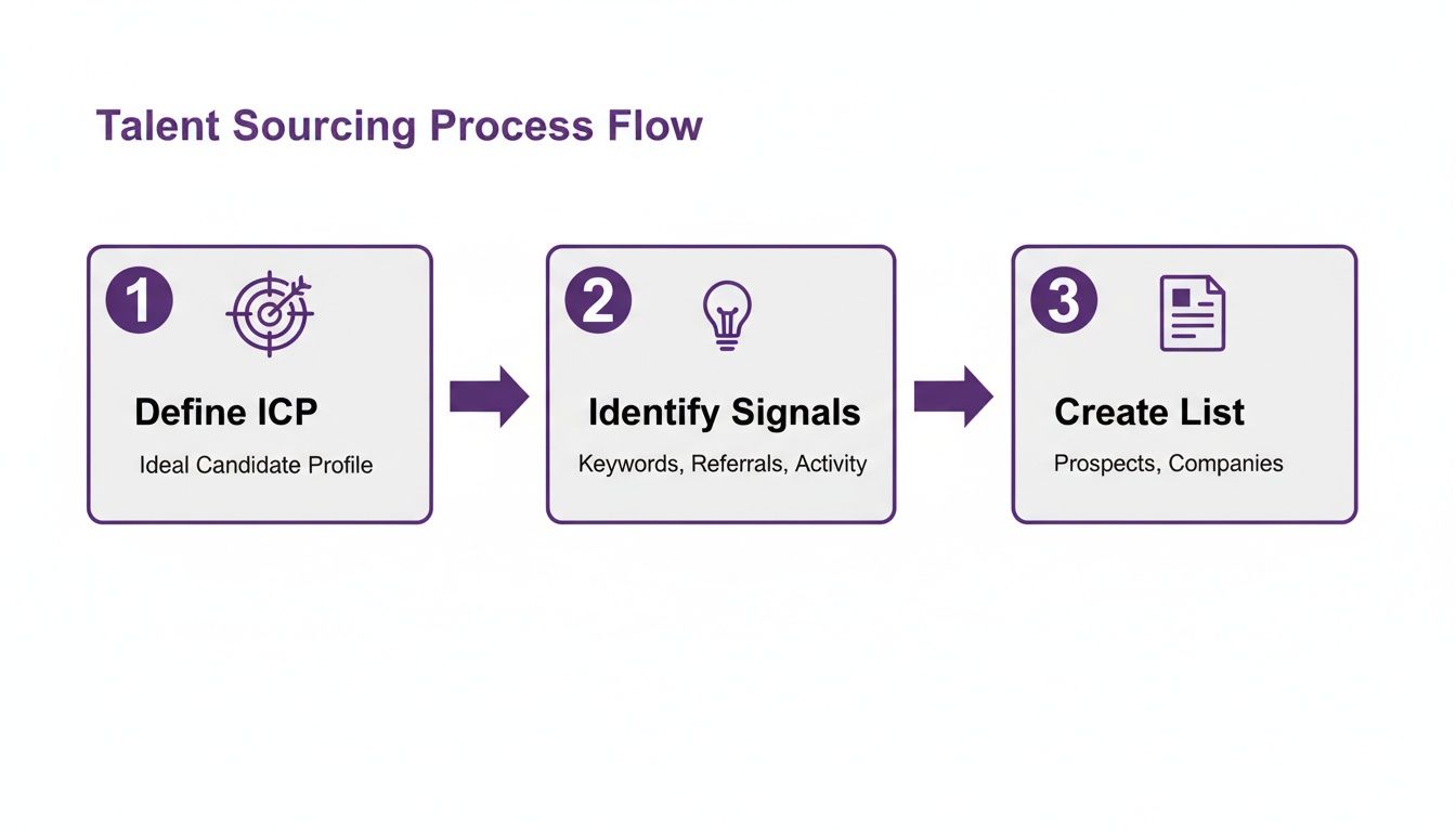 A three-step talent sourcing process flow: define ICP, identify signals, and create list.