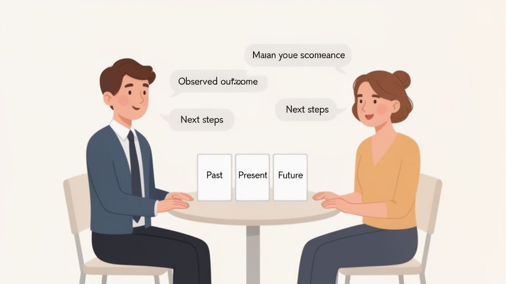 performance review meeting where two people are discussing past, present, and future outcomes.