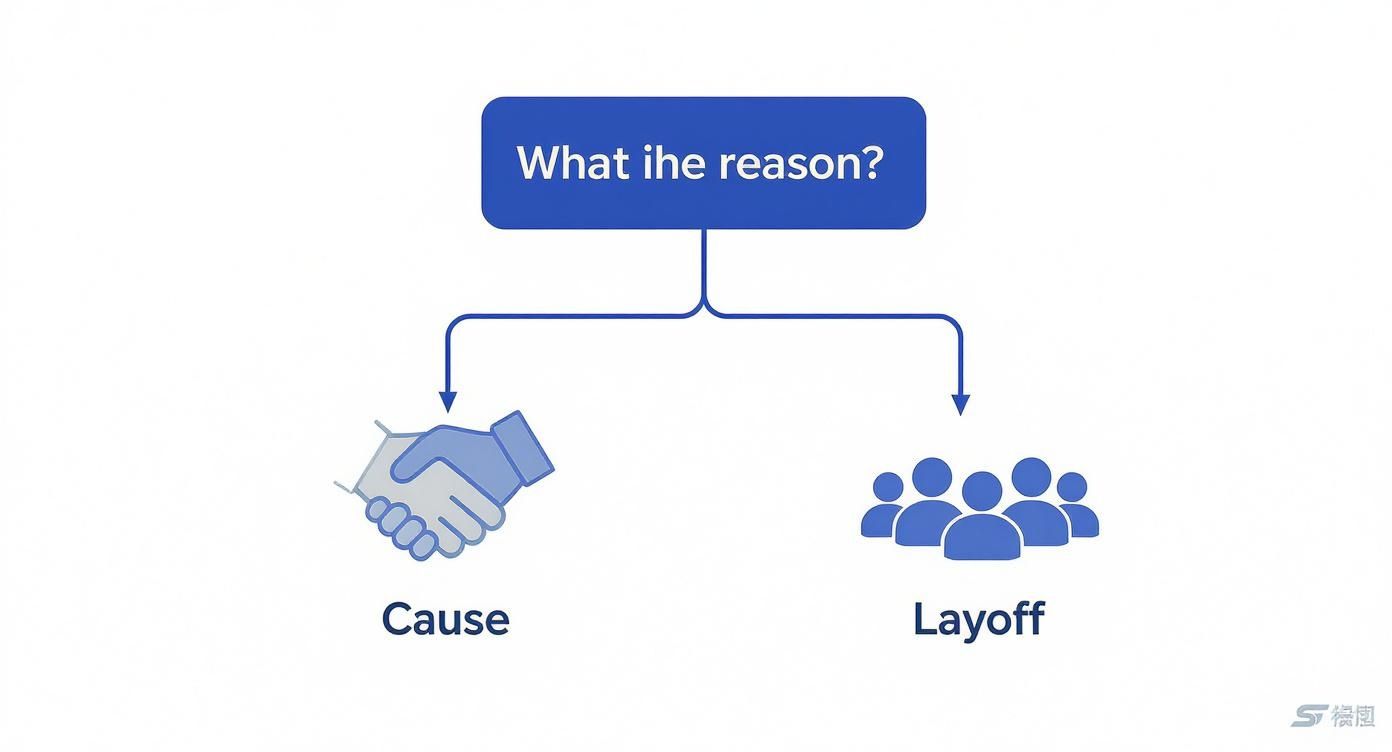Infographic showing a decision tree for termination letter tone based on the reason, such as 'Cause' or 'Layoff'.