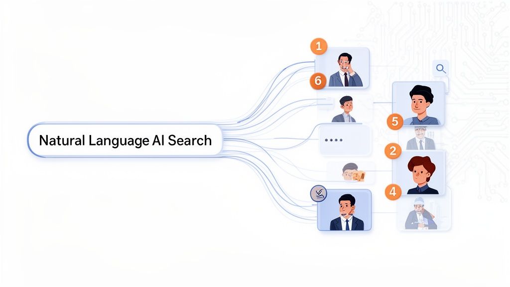 A diagram illustrating Natural Language AI Search connecting to various diverse user profiles for matching, a key component of modern recruitment strategies.