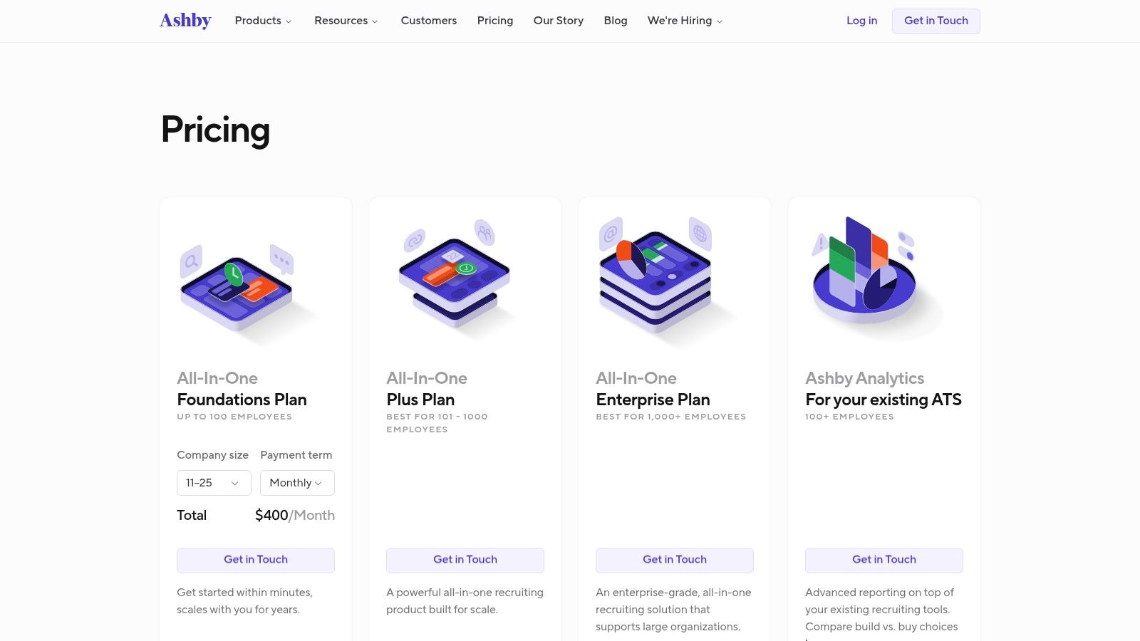 recruiting software examples showing Ashby's pricing plans page