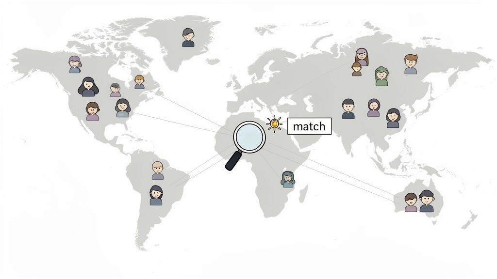 A world map with diverse people avatars connected by a magnifying glass and 'match' text, illustrating global remote hiring.