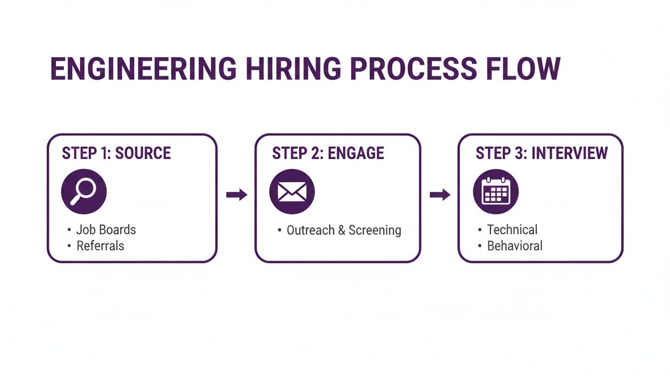 how to hire software engineers flowchart illustrating the engineering hiring process, covering sourcing, engagement, and interviewing steps.