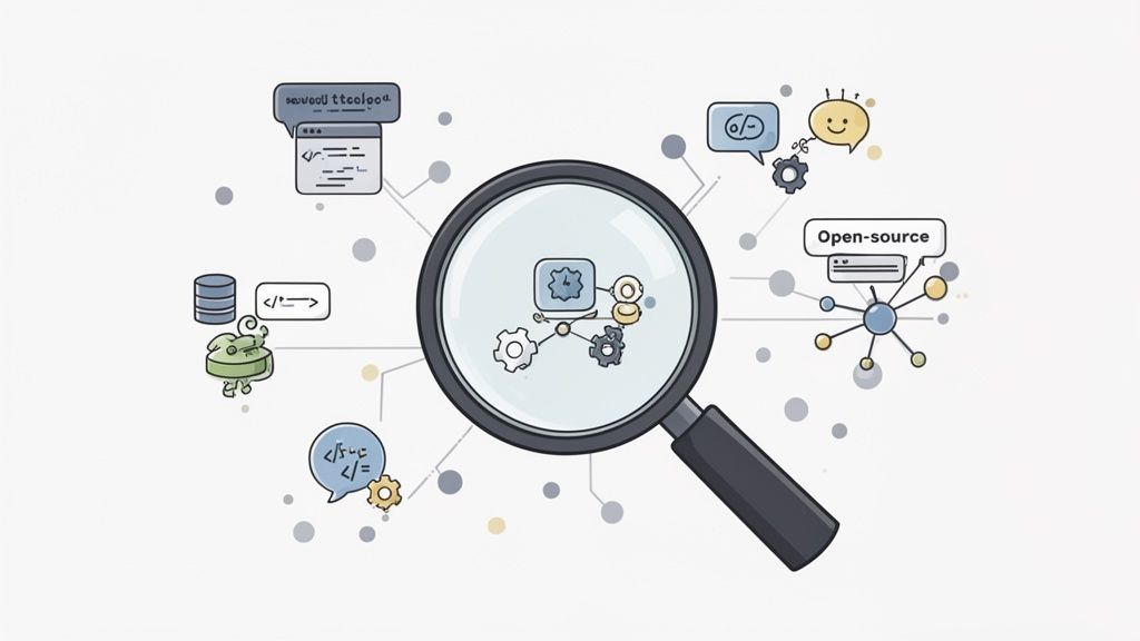 Magnifying glass over software development concepts, including code, database, open-source, and collaboration.