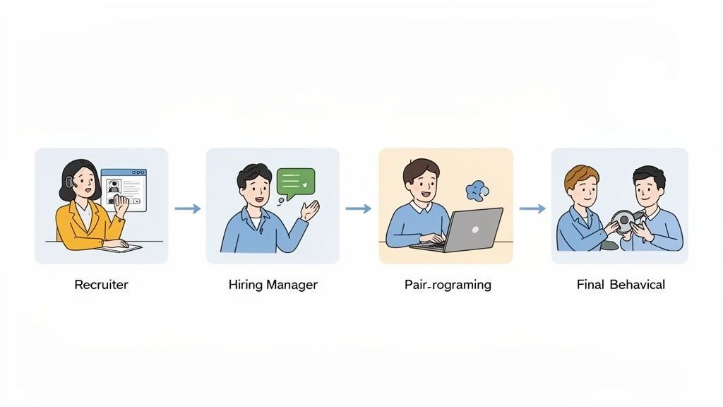 A diagram illustrating the four-step hiring process for software engineers: recruiter, hiring manager, pair programming, and final behavioral interview.