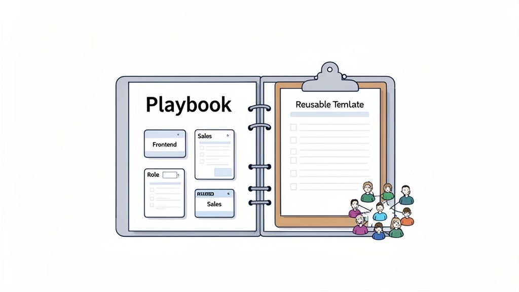 innovative recruiting strategies for play-based recruiting, showing a playbook with department roles and a reusable template next to a networked team of diverse people.