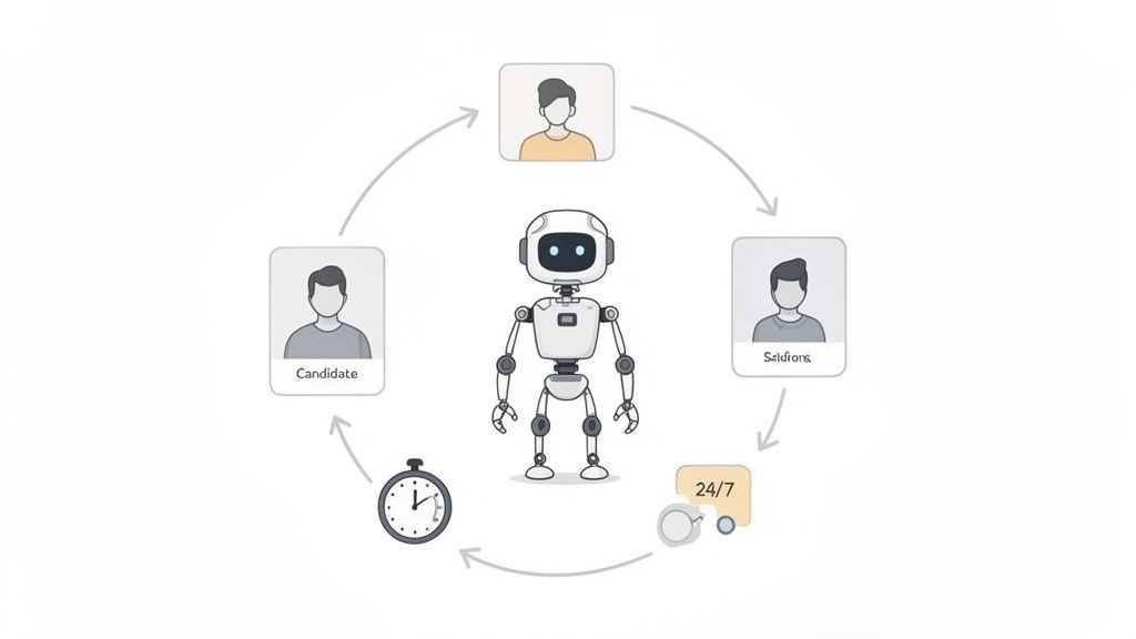 innovative recruiting strategies showing an AI robot at the center of a diagram with recruiters and candidates