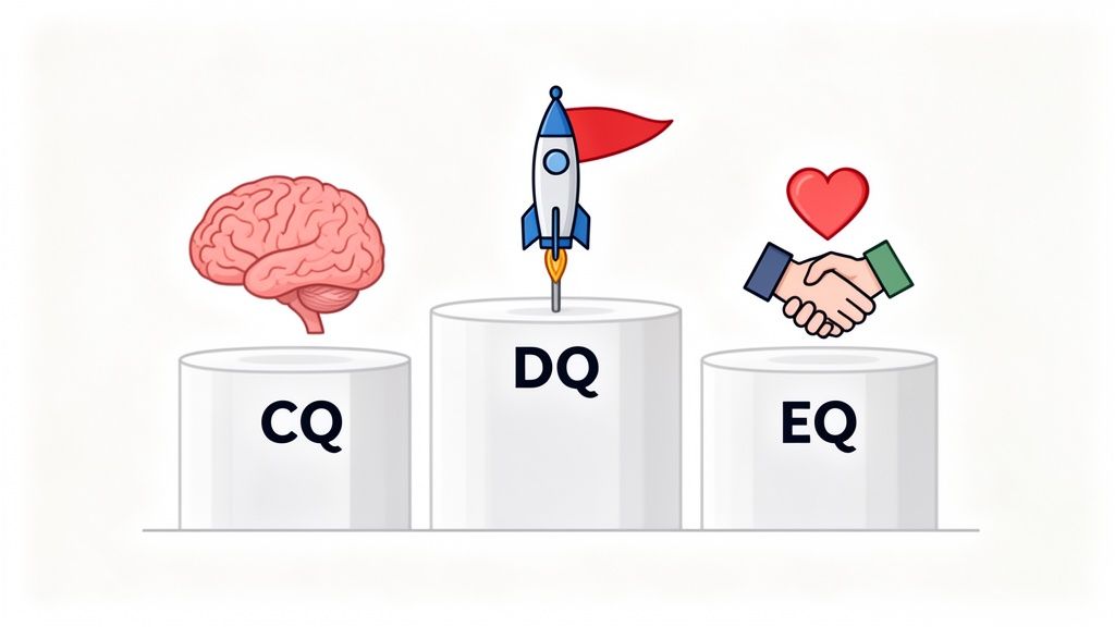 Illustration of CQ (brain), DQ (rocket), and EQ (heart, handshake) on pedestals, representing different intelligences.
