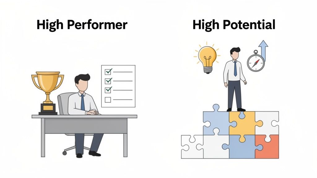 how to identify high potential employees contrasting a high performer (trophy, completed tasks) with a high potential individual (ideas, growth).