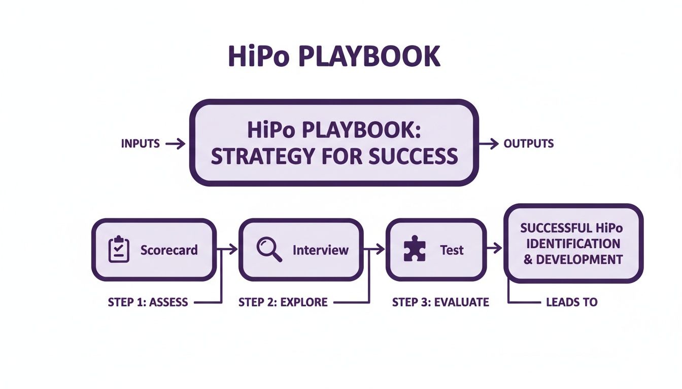 A flowchart outlining the HiPo Playbook strategy for successful identification and development of high-potential employees.